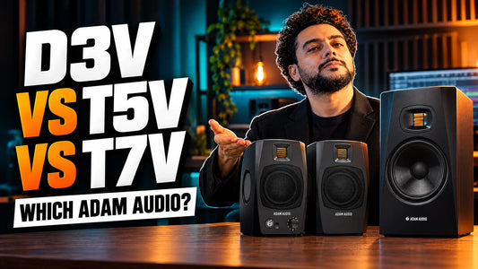 Adam Audio D3V desktop monitor pair and Adam Audio T7V studio monitor with D3V vs T5V vs T7V headline