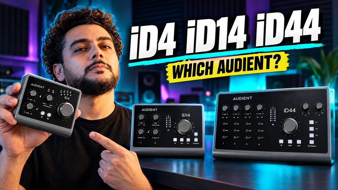 Audient iD4 MKII held up beside the iD14 MKII and iD44 MKII audio interfaces