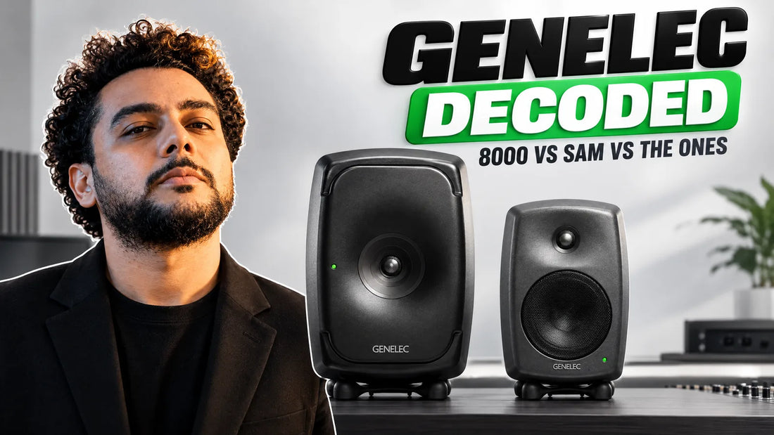 Genelec 8341A coaxial The Ones monitor next to a Genelec 8030C two-way studio monitor