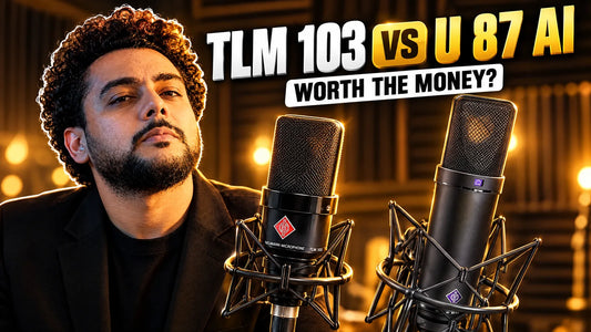 Neumann TLM 103 and Neumann U 87 Ai studio condenser microphones on shock mounts with TLM 103 vs U 87 Ai headline
