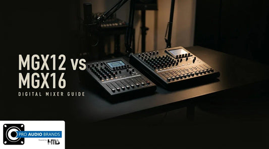 Yamaha MGX12 and MGX16 digital mixers side by side on a studio desk