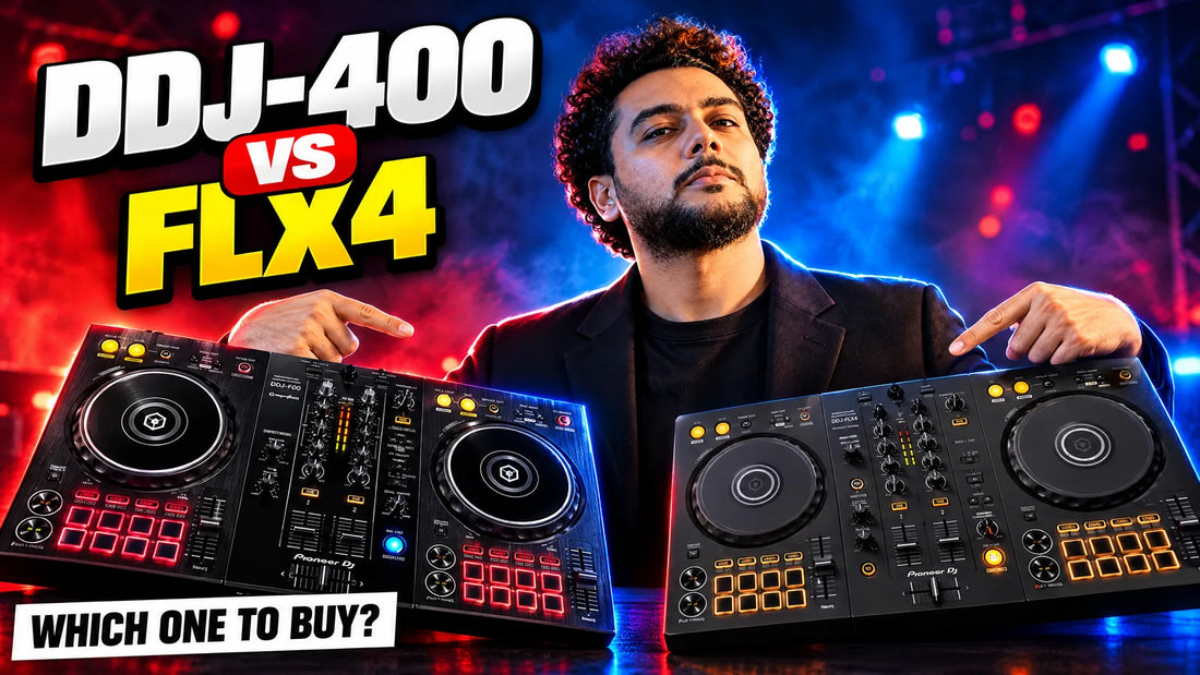 Pioneer DDJ-400 and DDJ-FLX4 DJ controllers side by side with DDJ-400 vs FLX4 headline