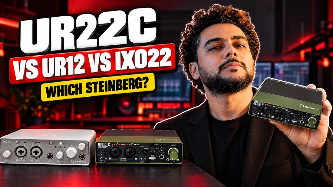 Steinberg UR22C audio interface held up beside a white Steinberg IXO22 and a second UR22C with UR22C vs UR12 vs IXO22 headline