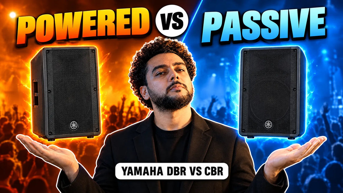 Yamaha DBR12 powered speaker and CBR15 passive speaker with Powered vs Passive headline