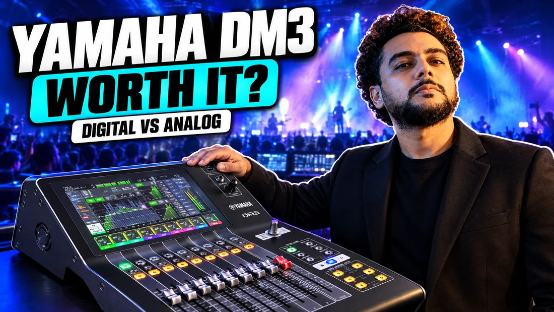 Yamaha DM3 digital mixing console at front of house with Yamaha DM3 Worth It headline