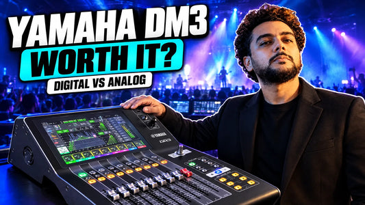 Yamaha DM3 digital mixing console at front of house with Yamaha DM3 Worth It headline