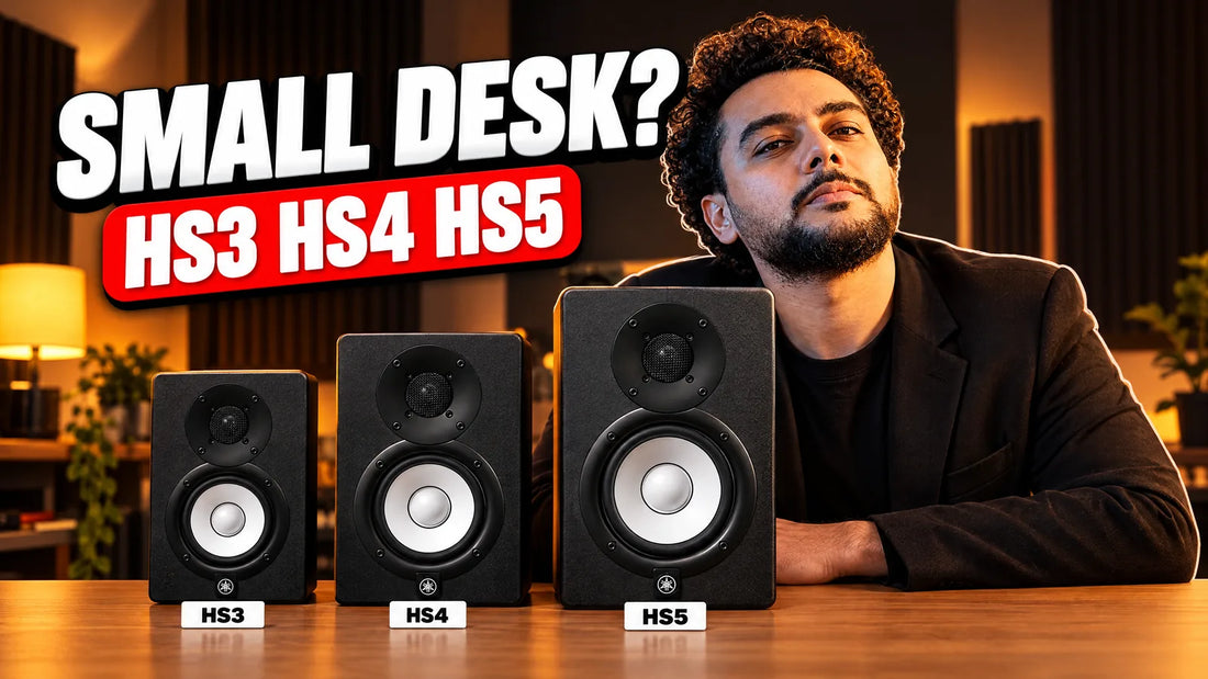 Yamaha HS3, HS4 and HS5 studio monitors lined up by size on a desk
