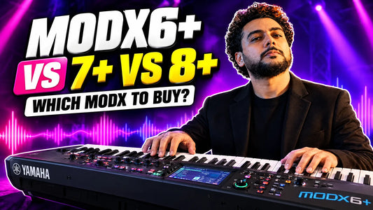 Yamaha MODX6+ synthesizer keyboard with MODX6+ vs 7+ vs 8+ headline