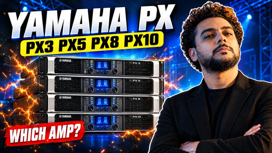 Stack of Yamaha PX3, PX5, PX8 and PX10 power amplifiers with Which Amp headline