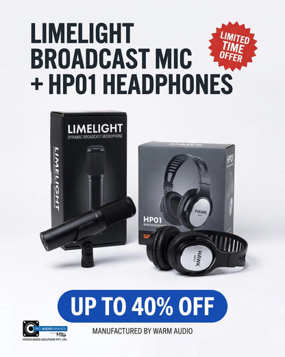 512 Audio Limelight microphone and HAWK HP01 headphones with their retail boxes, manufactured by Warm Audio