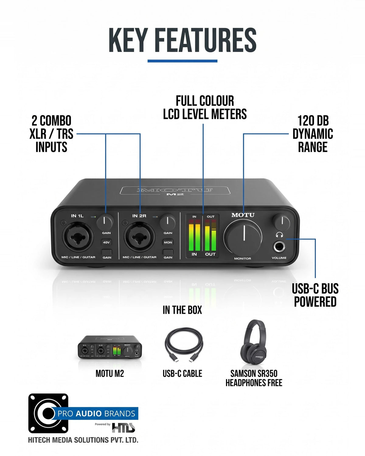 MOTU M2 key features and what is in the box: M2 interface, USB-C cable, free Samson SR350 headphones