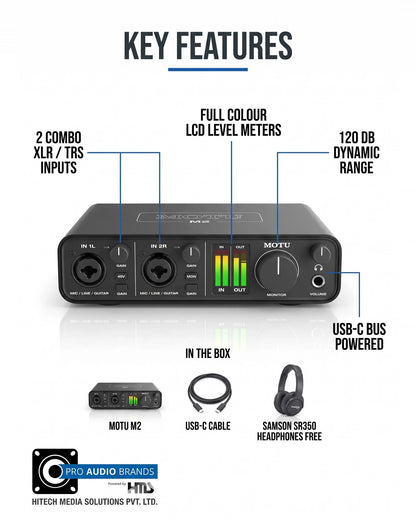 MOTU M2 key features and what is in the box: M2 interface, USB-C cable, free Samson SR350 headphones