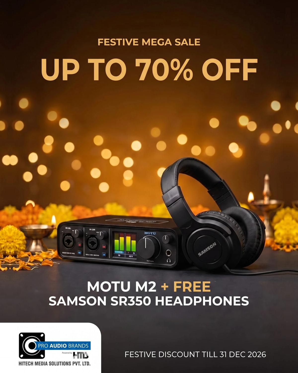MOTU M2 audio interface with free Samson SR350 headphones, festive mega sale, up to 70% off, Pro Audio Brands India