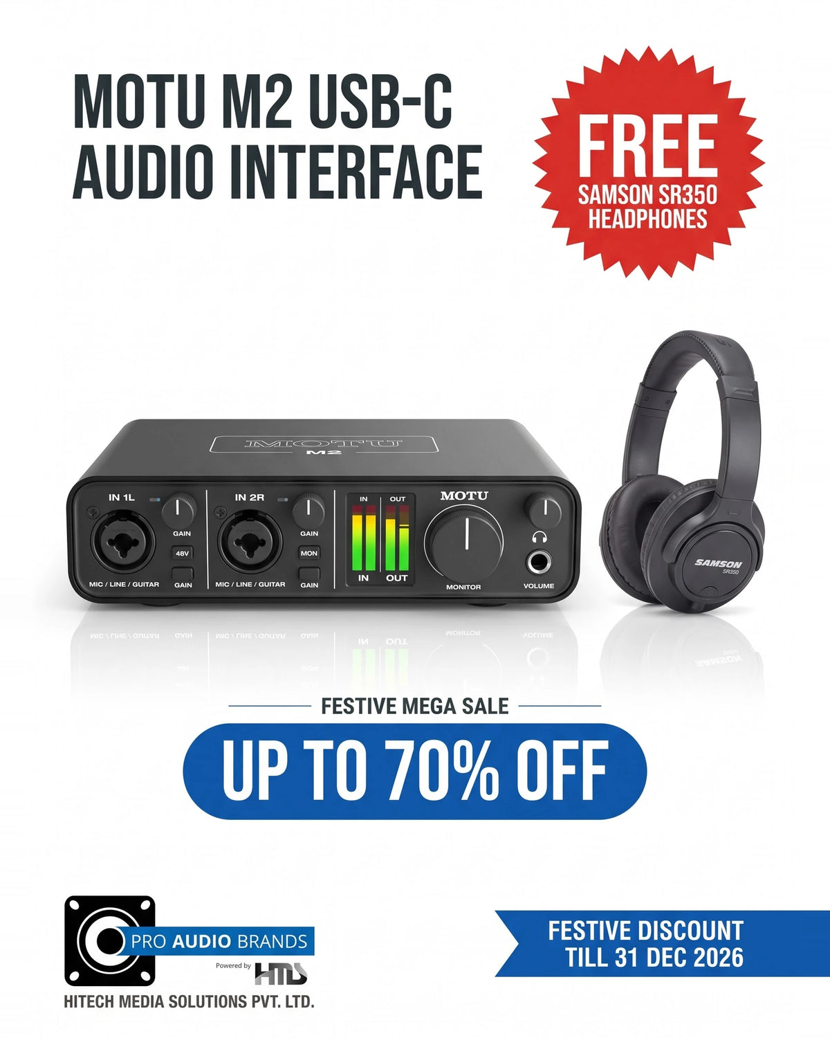 MOTU M2 USB-C audio interface on white background with free Samson SR350 headphones
