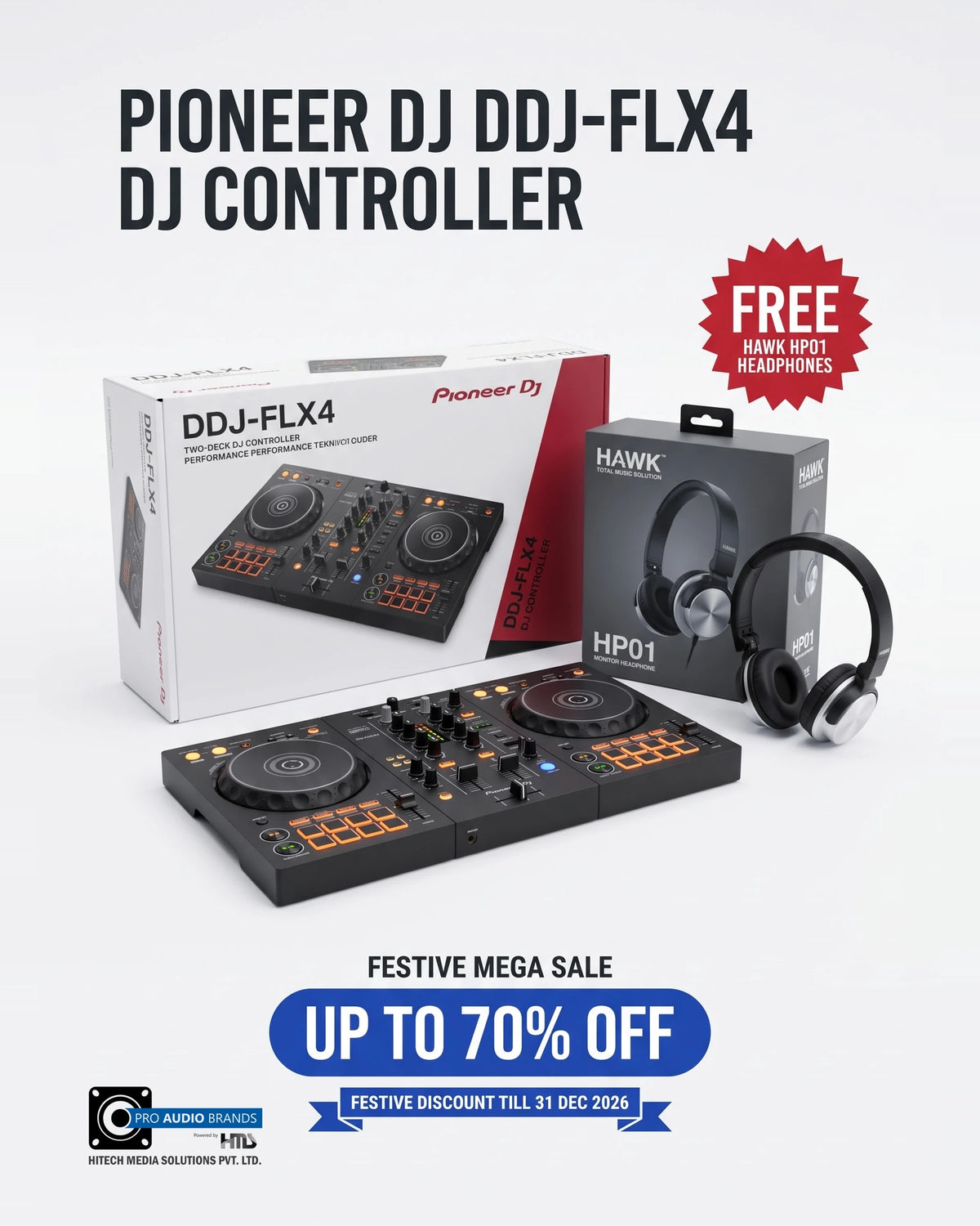 Pioneer DJ DDJ-FLX4 DJ controller and HAWK HP01 headphones with their retail boxes, free headphones offer