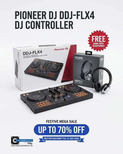 Pioneer DJ DDJ-FLX4 DJ controller and HAWK HP01 headphones with their retail boxes, free headphones offer