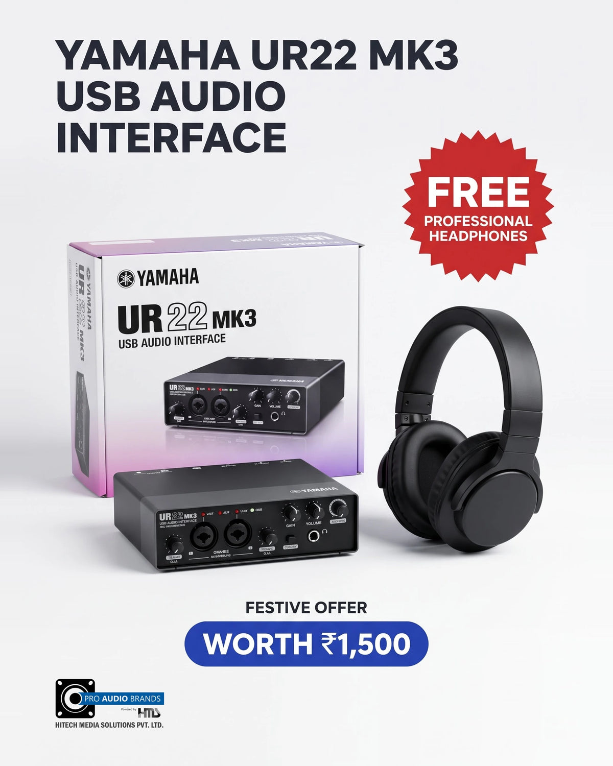Yamaha UR22 MK3 USB audio interface with its retail box and free professional headphones