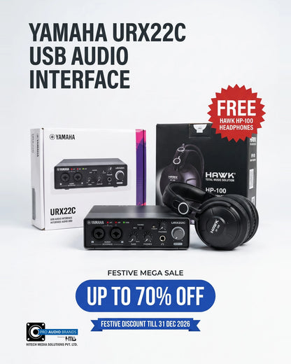 Yamaha URX22C USB audio interface and HAWK HP-100 headphones with their retail boxes, free headphones offer